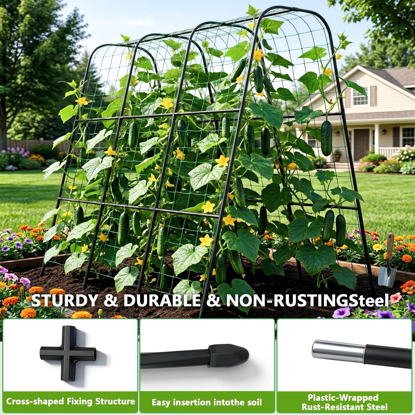 Garden Arch Trellis for Climbing Plants, Plastic-Coated Steel Trellis with Easy-Connect System, Includes Net, Ties & Gloves, Outdoor Plant Support for Vegetables (47.2" L x 47.2" H)