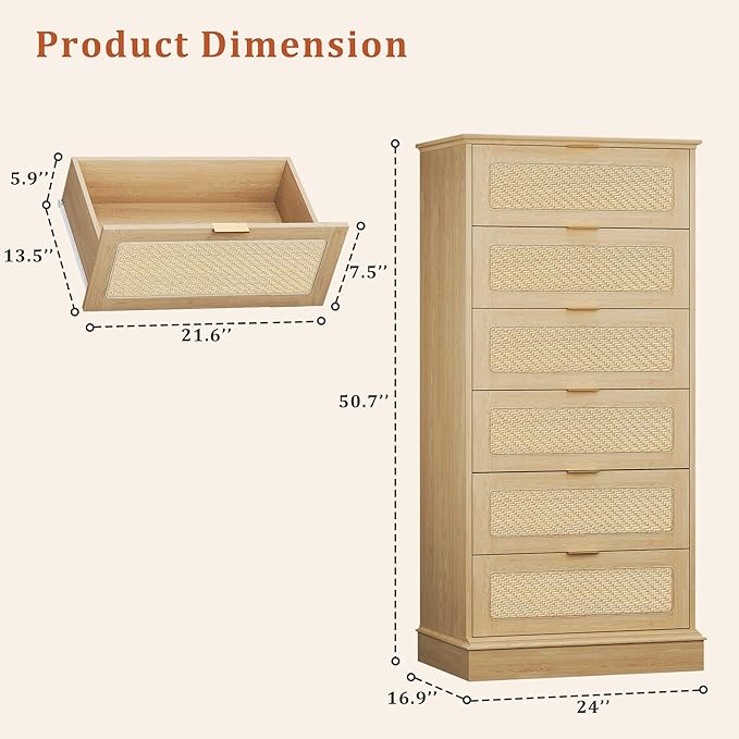 HUAHUU 6 Drawer Dresser for Bedroom, 50 Inch Tall Dressers & Rattan Chest of