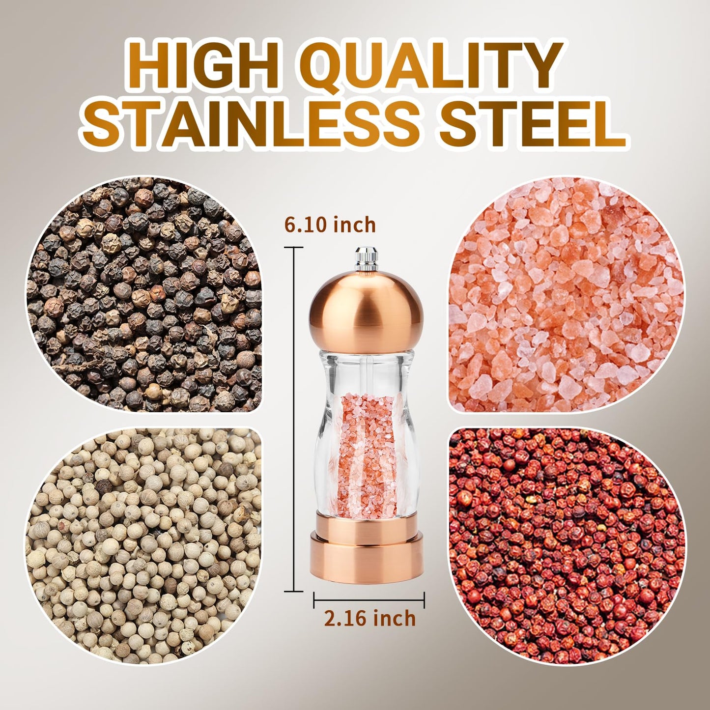 Pepper Grinder,Salt Grinder,Stainless Steel Salt and Pepper Grinder Set,Manual Salt & Pepper Grinders,Refillable Pepper Grinder Mill with Adjustable Coarseness, Ideal for Kitchen（5 Inches-2PCS）