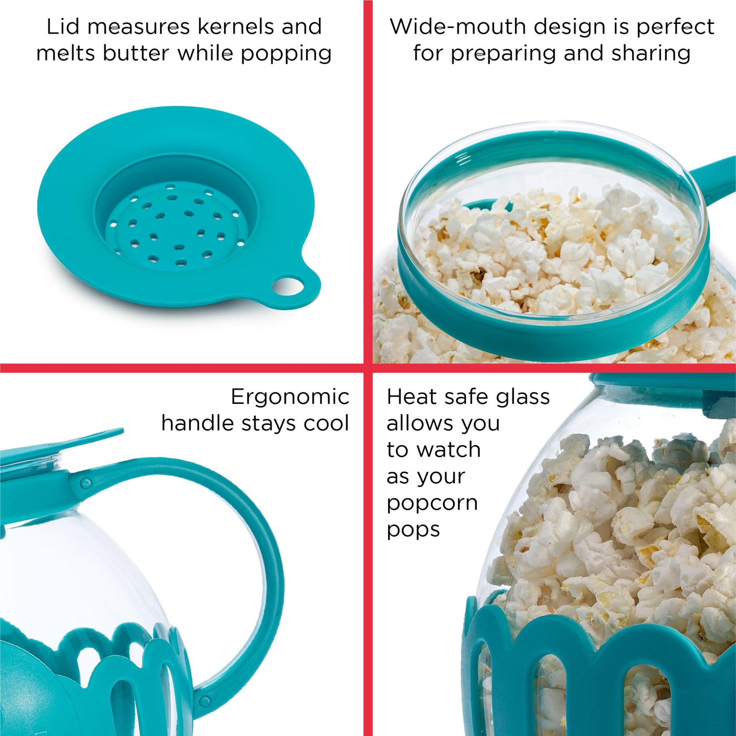 Ecolution Patented Micro-Pop Microwave Popcorn Popper with Temperature Safe Glass, 3-in-1 Lid Measures Kernels and Melts Butter, Made Without BPA, Dishwasher Safe, 3-Quart, Aqua