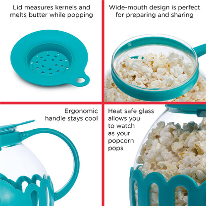 Ecolution Patented Micro-Pop Microwave Popcorn Popper with Temperature Safe Glass, 3-in-1 Lid Measures Kernels and Melts Butter, Made Without BPA, Dishwasher Safe, 3-Quart, Aqua