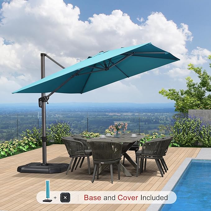 PURPLE LEAF 9'×11.5' Cantilever Patio Umbrella with Base Rectangle Offset Outdoor Umbrella Cover with Zipper for Garden Deck Pool Turquoise Blue
