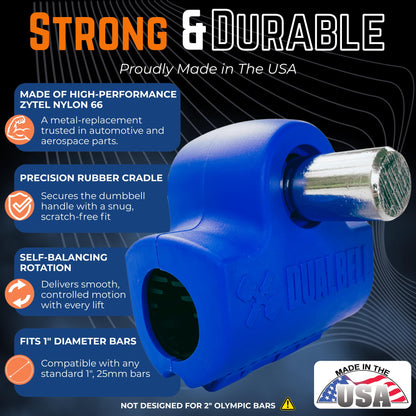 Blue DUALBELL Superset for 1” bar and black weight collars- Home gym dumbbell to barbell adapters - Connect Dumbbells to 1” standard diameter bar to replace weight plates- holds up to 100lb dumbbell