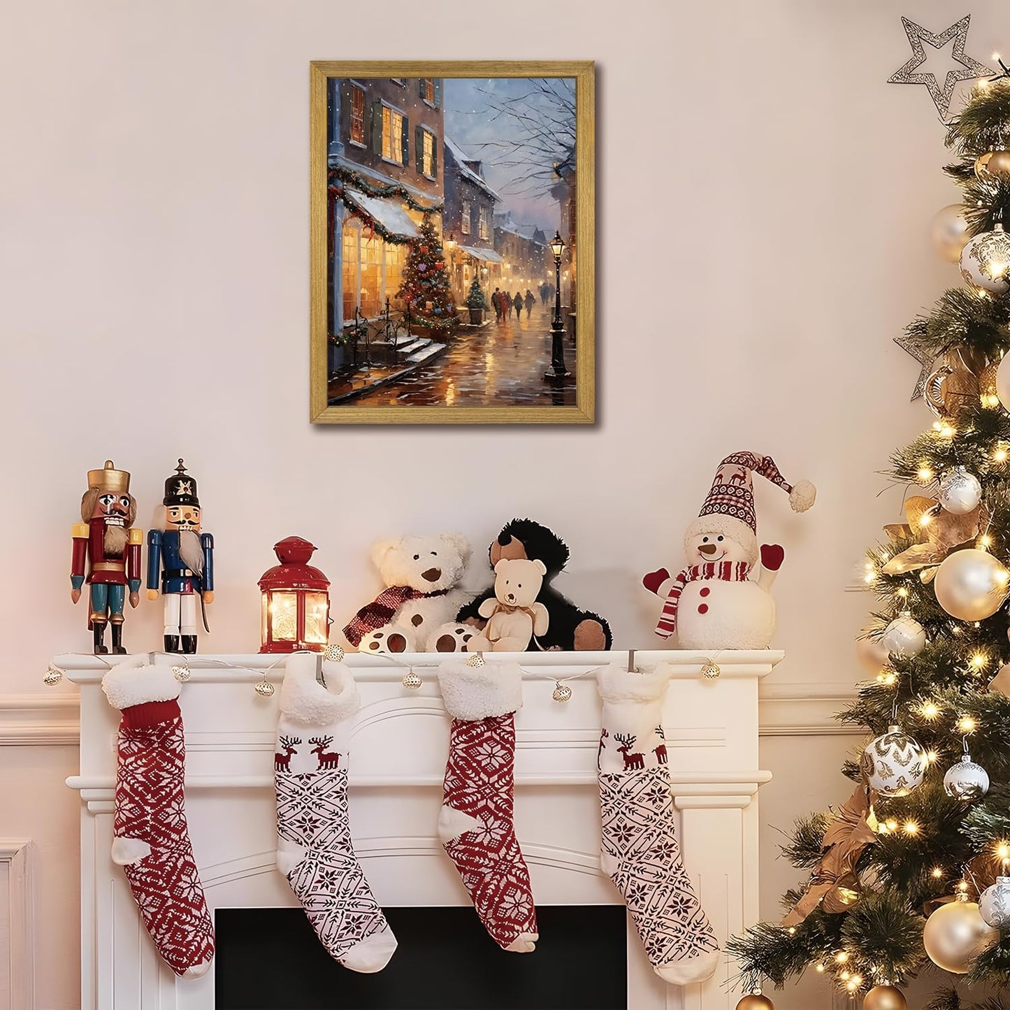 Vintage Christmas Wall Art, Christmas Tree Farm Scene with Red Barn, Rustic Winter Snow Street Canvas Print, Framed Holiday Oil Painting for Living Room Bedroom 12x16 Inch
