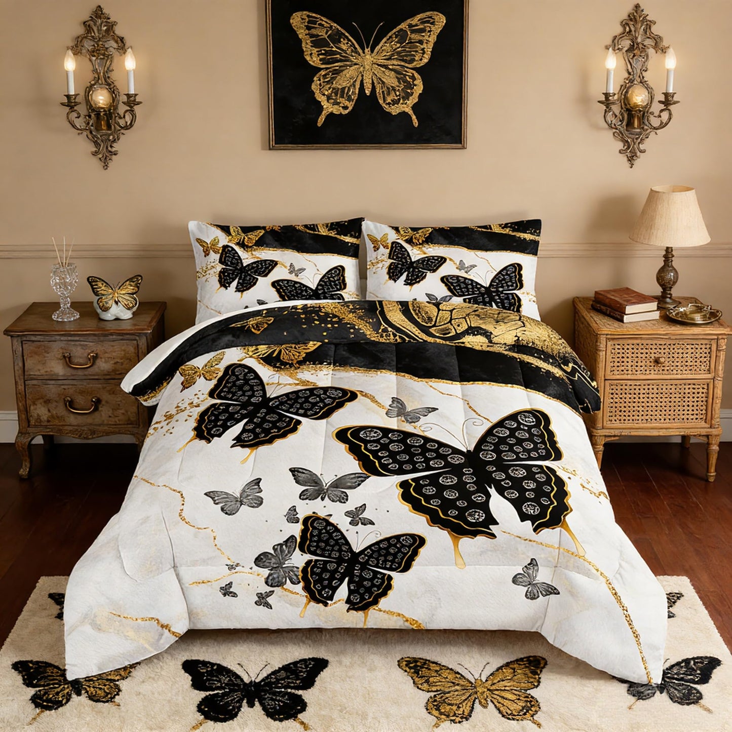 UEVBF Kids Bedding Queen Size Comforter Set,Black and Gold Butterfly Bedding Comforter Sets for Boys Girls Room Decor,Marble Texture Artistic Aesthetic Bedding Sets with 2 Pillowcases.