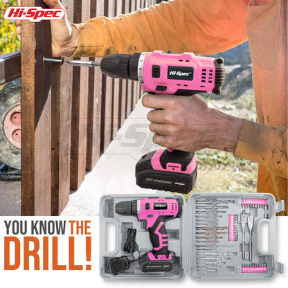 Hi-Spec 50pc 12V Pink Electric Cordless Power Drill Driver. in a Carry Case with Rechargeable Battery, Power Screwdriver Bits, Wood, Metal, and Masonry Drill Bit Set Accessories