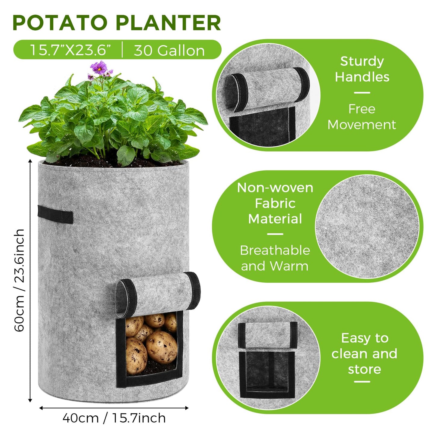 Yoojahow 4 Pack 30 Gallon Potato Grow Bags with Harvest Window, Durable Garden Planter Bags with Handles for Potatoes, Tomatoes, and Vegetables - Indoor & Outdoor Gardening Supplies (Black,Gray)