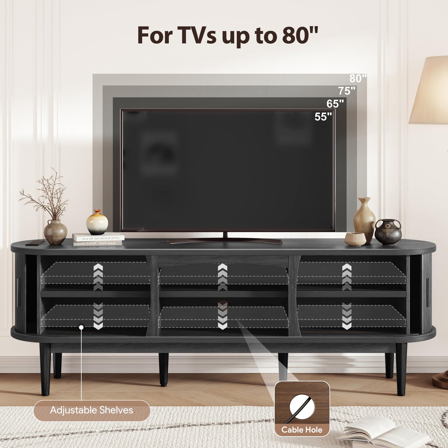 Decofy Mid Century TV Stand for TVs up to 80 Inches, Entertainment Center with Storage, Power Outlet, Fluted Sliding Doors & Adjustable Shelves, Modern Media TV Console Table for Living Room (Black)