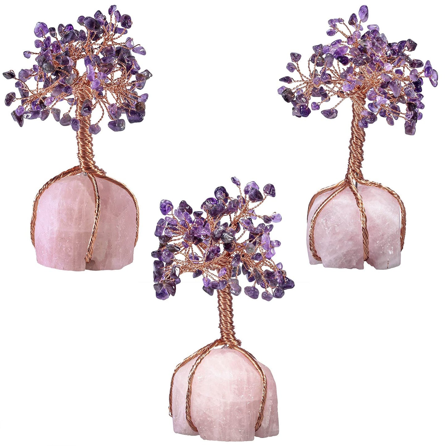 Cheungshing Crystal Copper Tree Wrapped with Raw Rose Quartz Base, Bonsai Tree for Home Office Living-Room Decor, Amethyst
