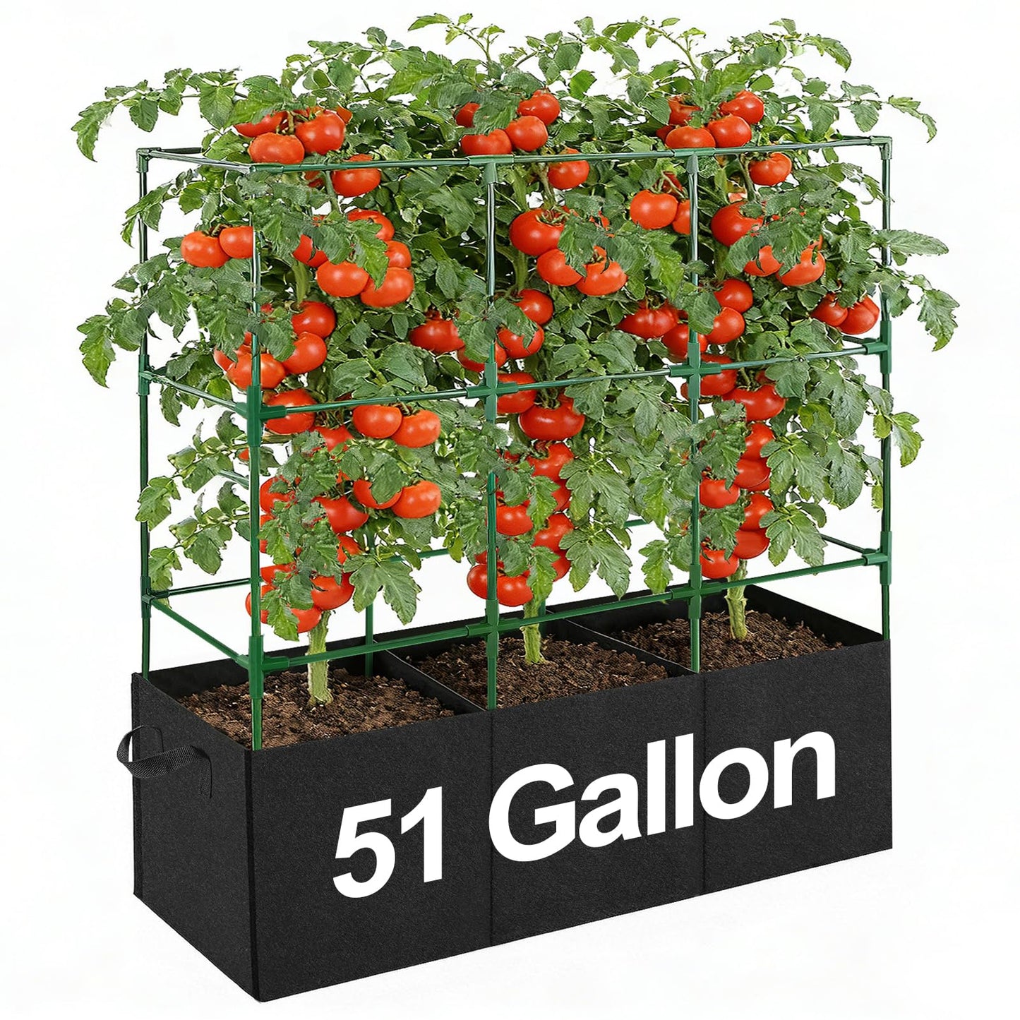 Tomato Cage with 3 Compartment 51 Gallon Grow Bag - 47" L × 15.7" W × 45" H Heavy Duty Square Tomato Planter Trellis, Easy to Assemble, for Garden Patio Balcony Climbing Vegetables Flowers Fruits