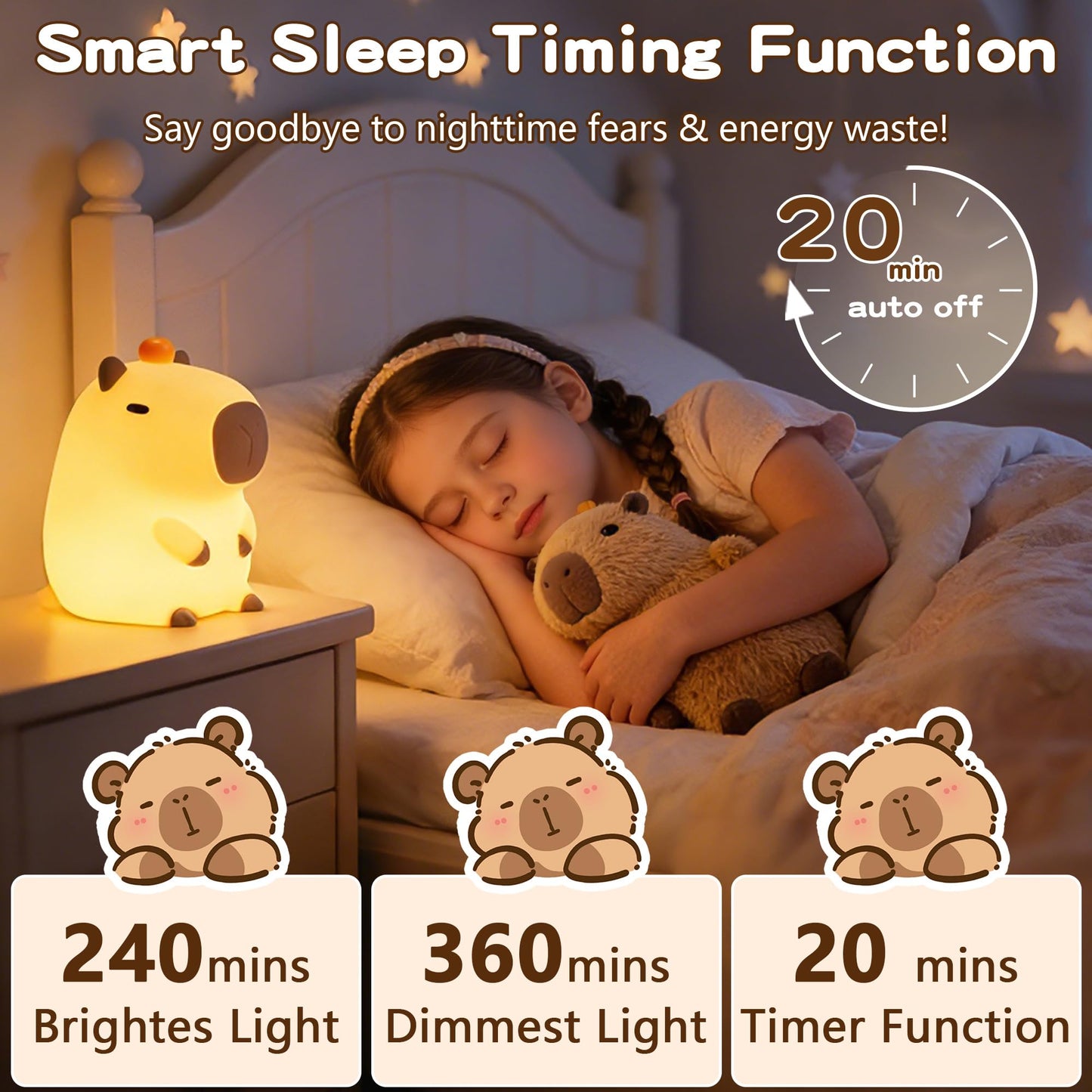 FAMIDUO Capybara Night Light, Long-Lasting Silicone Squishy Lamp, Cute Animal Nursery Light with 20-Min Timer, Dimmable Bedside Lamp for Kids Room, College Dorm Decor, Funny Gifts for Girls Boys Baby