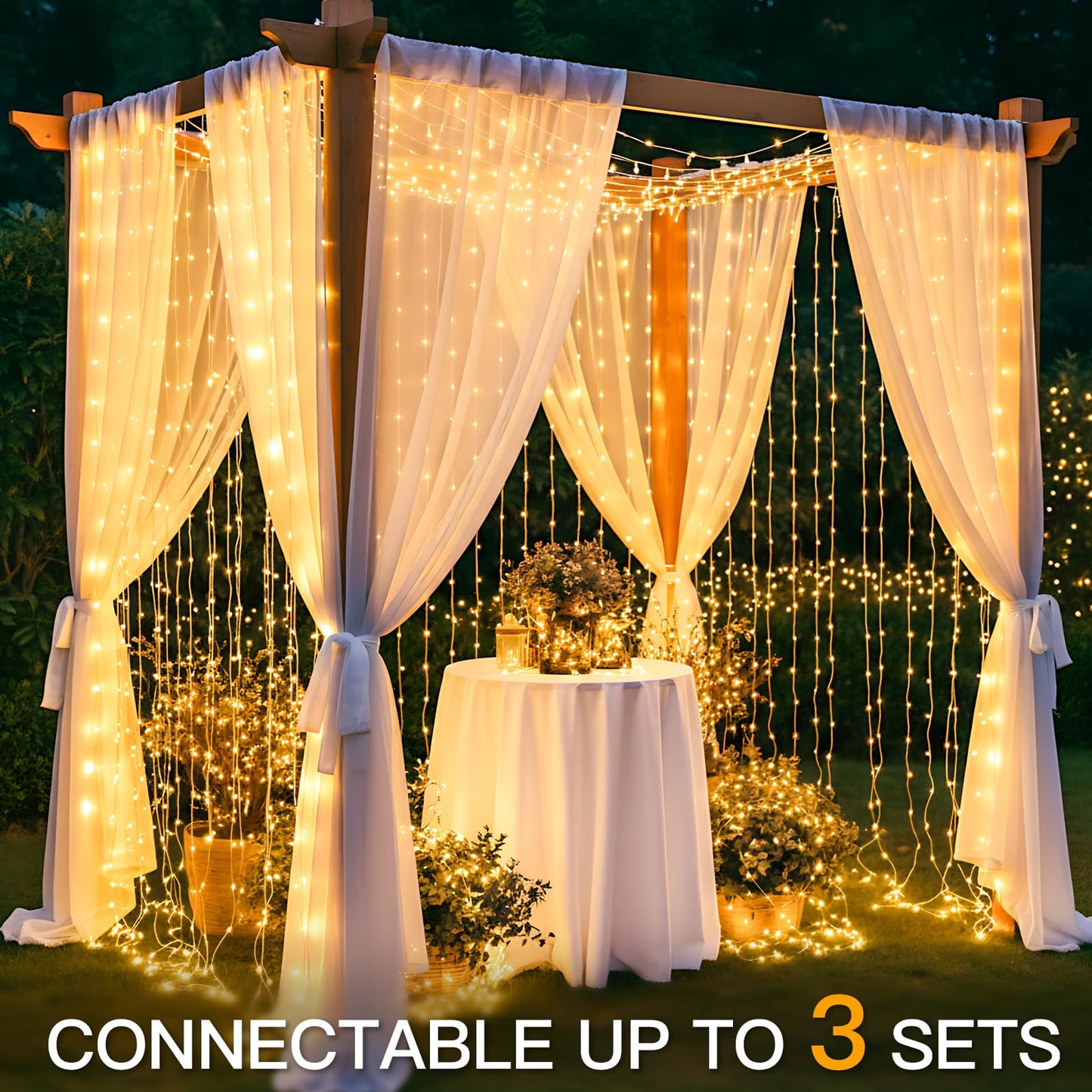 suddus Tangle-Free Curtain Lights,400 LED Connectable Hanging Lights with Hook, Waterproof Window Lights for Christmas, Dorm, Wall, Backdrop, Wedding, Party, Birthday Decor, Warm White