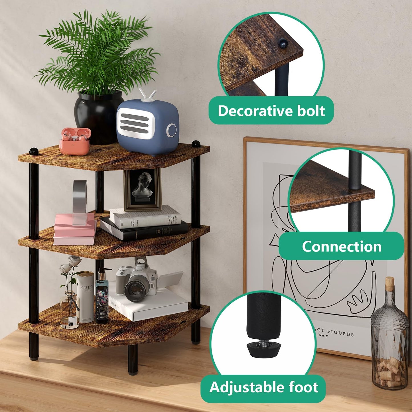 MOFAIN Desktop Corner Stand Shelf for Storage, 3 Tier Corner Shelf Organizer, Rustic Brown Rack for Small Spaces, Bedroom, Home Office, Kitchen, Bathroom