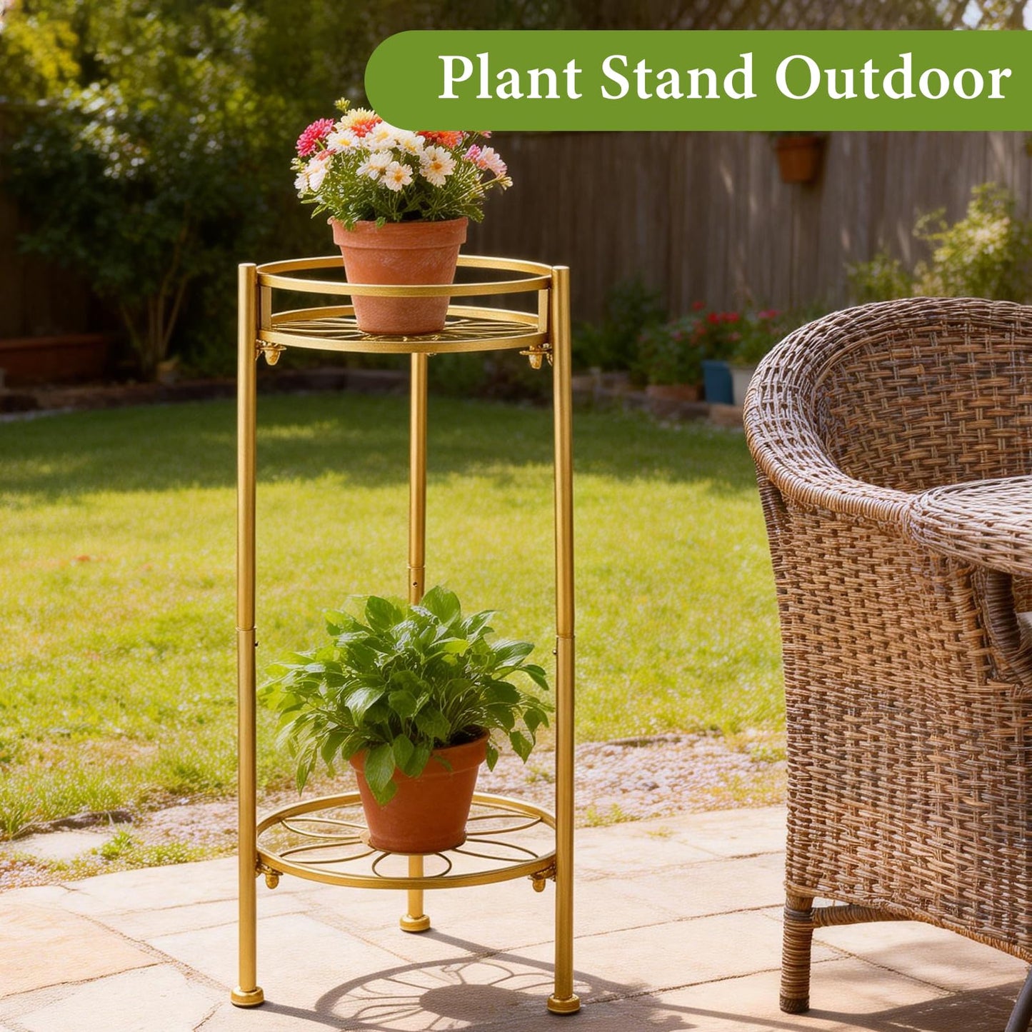 2 Tier Metal Plant Stand, Sturdy Heavy Duty Adjustable Two Tier Flower Pot Holder for Indoor Outdoor, Small Spaces, Balcony, Kitchen, Living Room, Patio - Tall Plant Shelf for Succulents, Heavy Pots, Potted Herbs （Gold）