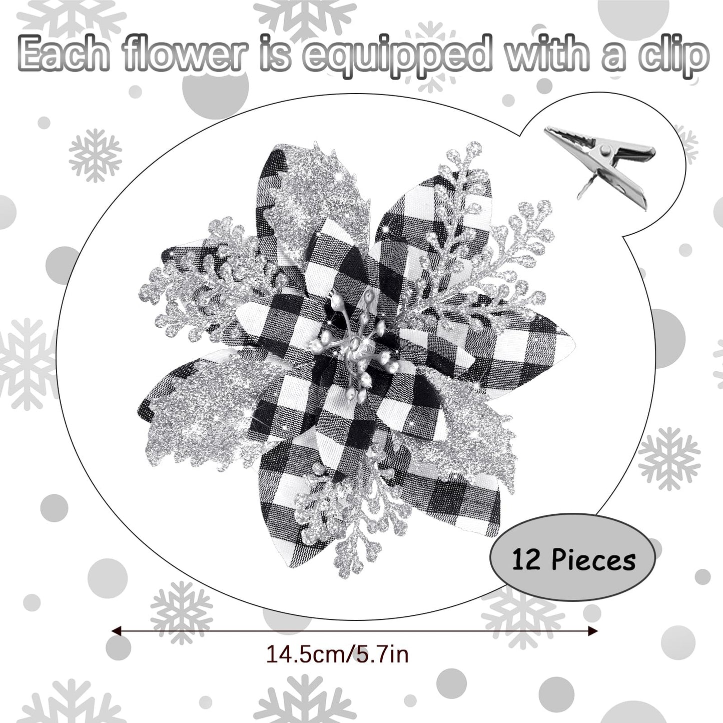 Canlierr 5.7 Inch Artificial Poinsettias Christmas Glitter Flowers with Clips Xmas Tree Flower Ornament Poinsettias Decor (Black and White Buffalo with Silver Petals,12 Pieces)