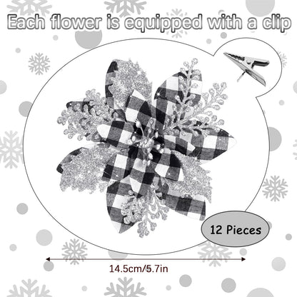 Canlierr 5.7 Inch Artificial Poinsettias Christmas Glitter Flowers with Clips Xmas Tree Flower Ornament Poinsettias Decor (Black and White Buffalo with Silver Petals,12 Pieces)