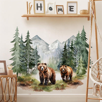 Brown Bear Dream Forest Wall Stickers, sacinora Wild Jungle Animal Wall Decals Removable Vinyl Peel and Stick for Living Room Bedroom Nursery Sofa TV Background Art Decorations