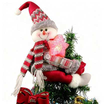 Christmas Plush Snowman Tree Topper with Lighted Red Star - Multifunctional Xmas Treetop Ornament, Home Curtain Tie & Hugger Wine Bottle Party Decoration