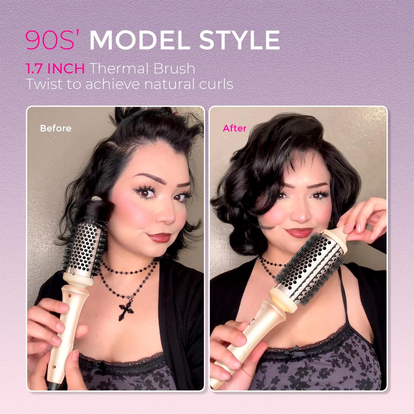 TYMO 2.0 Thermal Brush Curling Brush - STYLUX 1.7" Blowout Volumizer with Flexi-Fit for Hair Straightening, Heated Round Styler Tool, Hair Straightener and Curler 2 in 1, Dual Voltage & Light, Pink