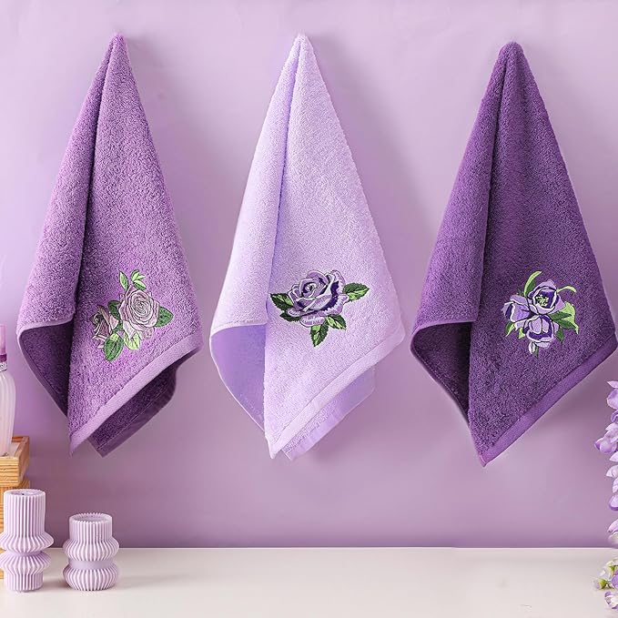 3 Pcs Purple Rose Hand Towels Lavender Purple Bathroom Decor Embroidered Floral