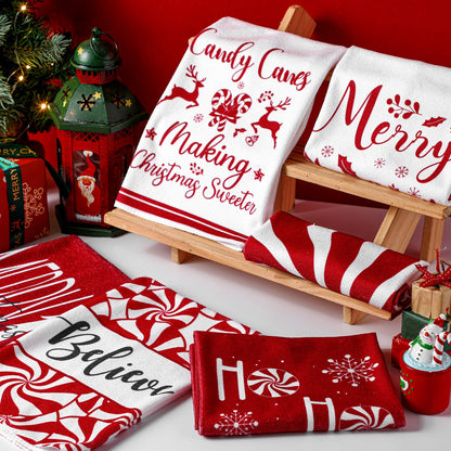 Breling 6 Pcs Christmas Kitchen Towels Red White Candy Tea Dishtowel 23.62 x 15.75 Inch Decorative Peppermint Candy Cane Hand Towel for Holiday Winter Home Kitchen Bathroom Decor Housewarming Gift