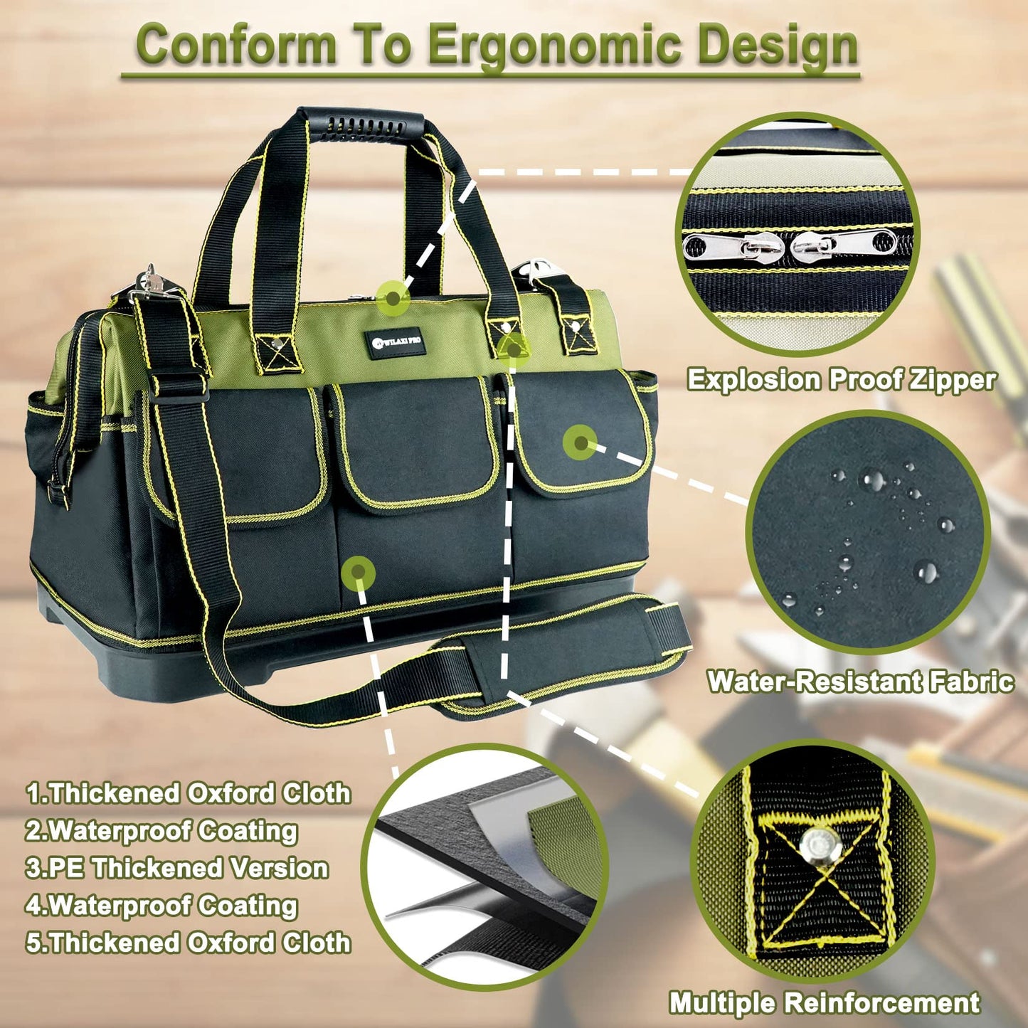 WILAXI PRO 20inch Tool Bag for Men Women Heavy Duty with Waterproof Molded Base Large Tool Bag, Wide Mouth Tool Tote, Artisan Carpenter Electricians Tool Bags,Adjustable Shoulder Strap Organizer