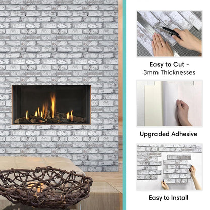 Commomy 10 Pcs 3D Faux Brick Wall Panels -11.8"X11.8" Small Size PVC Grey Whitewash Brick Peel and Stick Tiles Backsplash DIY Brick Wallpaper Wall Tile for Bedroom, Kitchen, Fireplace,RV