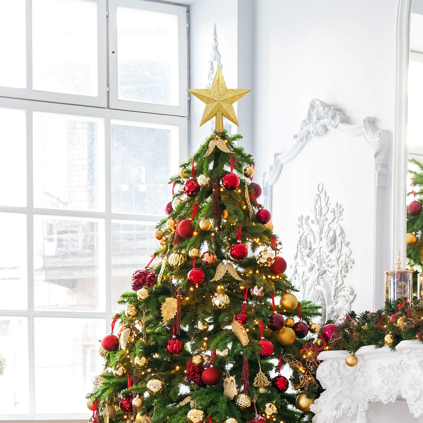 Livder 8 Inches Christmas Tree Top Crown Glitter Star Decoration (Golden)