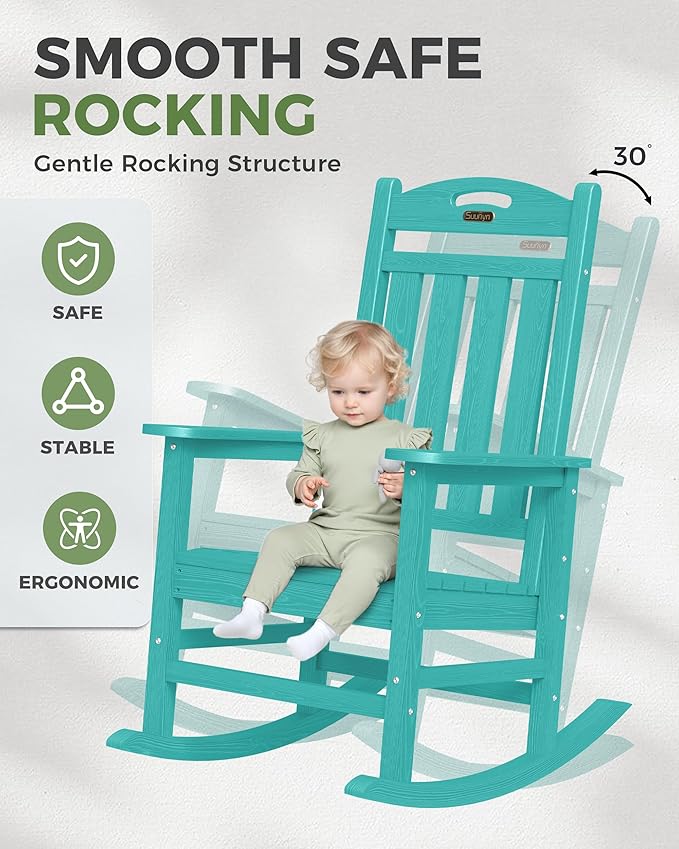 Oversized Outdoor Rocking Chair, High Back Porch Rocker Chair, HDPE All Weather Resistant Rocking Chairs for Patio, 380lbs Weight Capacity, Lake Blue
