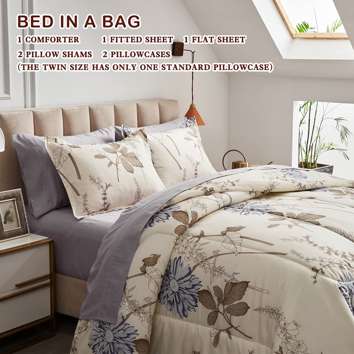 Joyreap 6 Piece Bed in a Bag Twin, Elegant Flower Botanical Smooth Soft Microfiber Floral Comforter Set for All Season (1 Comforter, 2 Pillow Shams, 1 Flat Sheet, 1 Fitted Sheet, 1 Pillowcase)