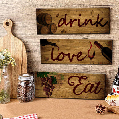 3 Pieces Red Wine Wall Art Wooden Barrel Wall Plaque Love,Eat,Drink Wood Signs Food Kitchen Decor Fruit Grape Wall Decor Retro Wine Cup/Bottle Picture for Dining Room Wine Cellar Artwork (Black)