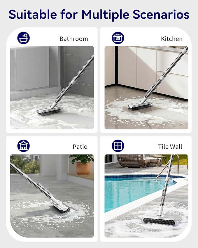 Small Floor Scrub Brush with Length Adjustable Long Handle, 3 in 1 Heavy-Duty