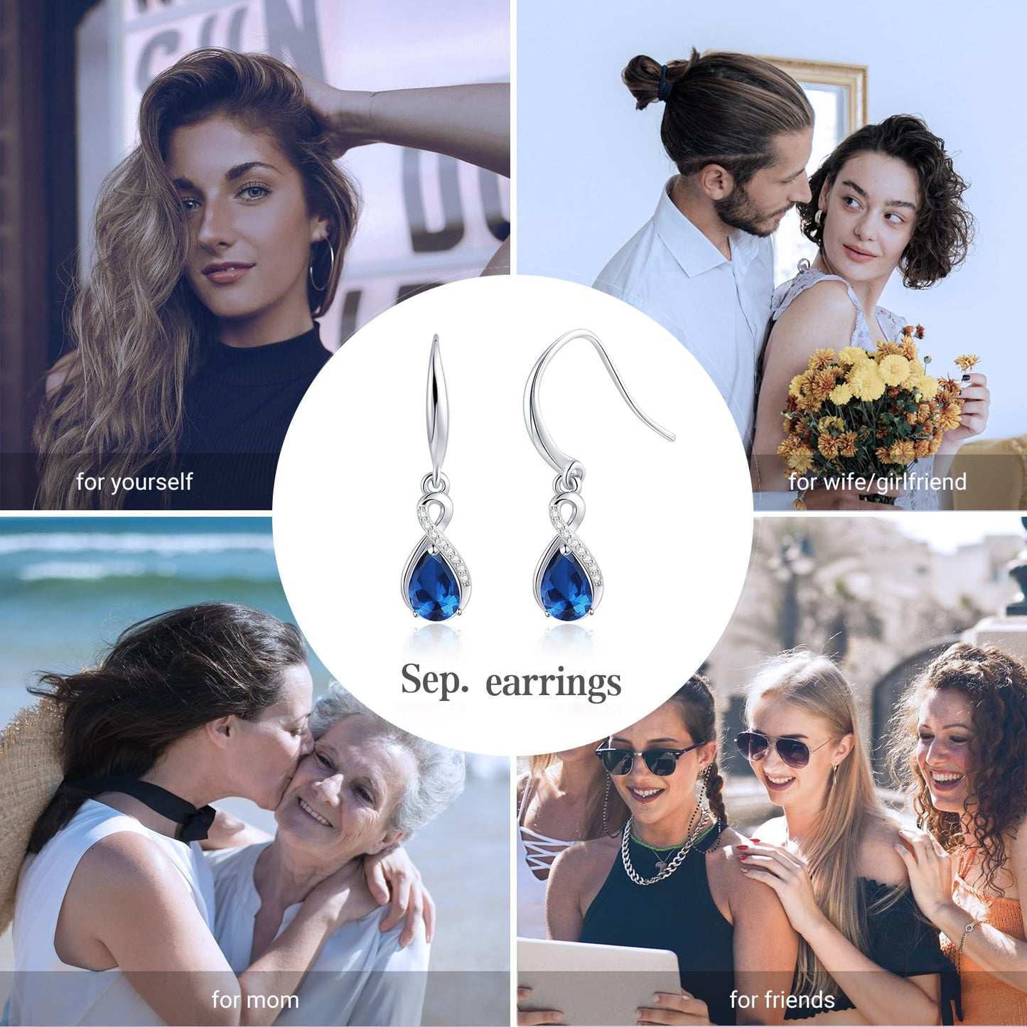 Infinity Birthstone Earrings 18K White Gold Plated 925 Sterling Silver Teardrop Infinity Drop Dangle Earrings September Birthstone Jewelry Birthday Gifts for Women Her Mother Wife