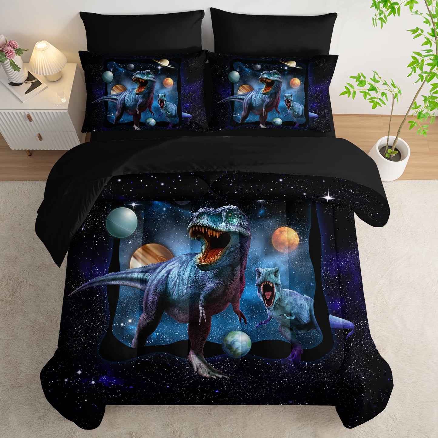 AILONEN Kids Dinosaur Comforter Set Queen Size,7Pcs Space Galaxy Bed in a Bag,Planet Dinosaur Bedding Print Boys Comforter & Fitted Sheet & Flat Sheet & 2 Pillowcases,2 Pillow Shams