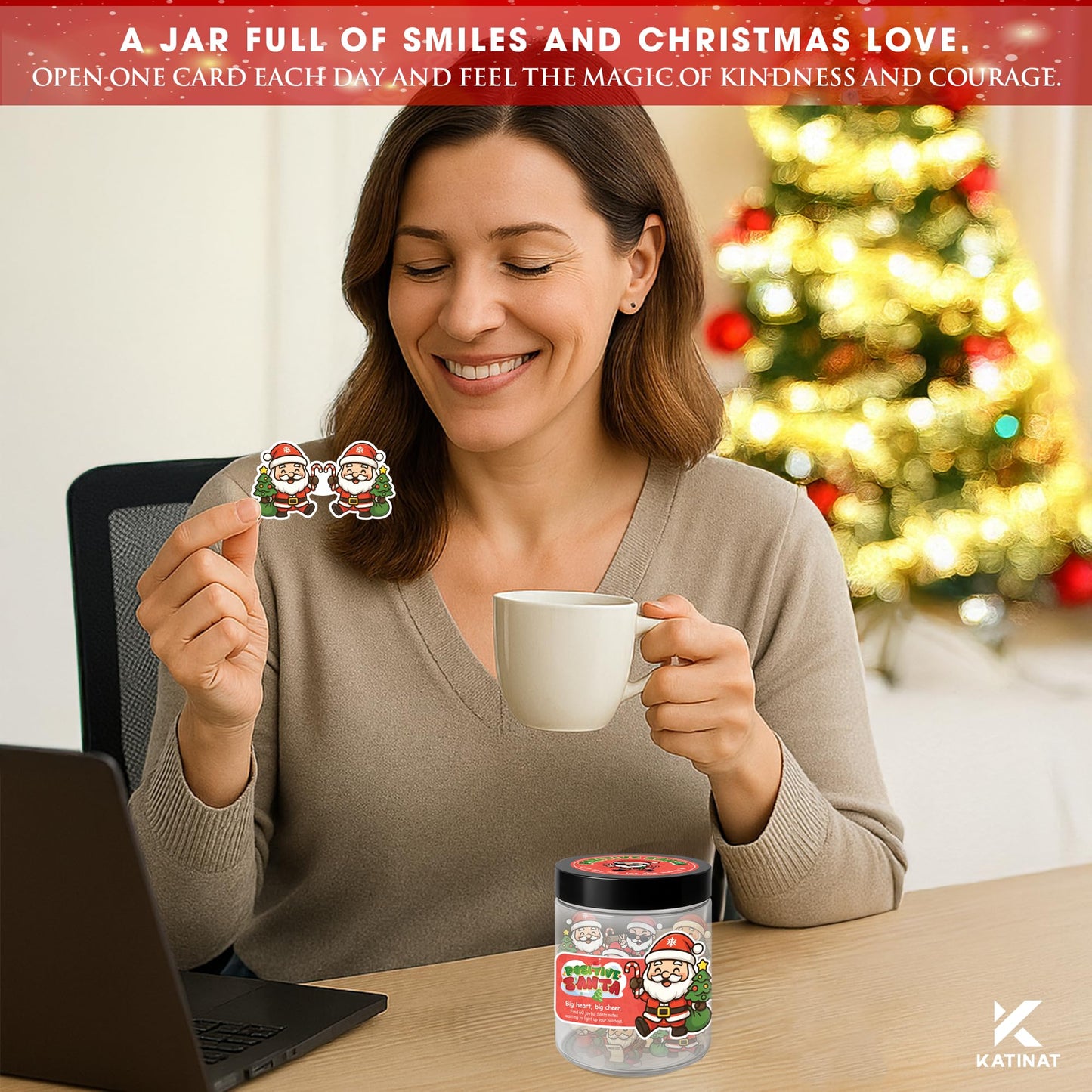 Positive Santa Jar – 60 Funny Emotional Support Christmas Affirmation Cards, Stocking Stuffer, Cute Desk Home Decor for Women, Men, Teens, Teachers & Coworkers