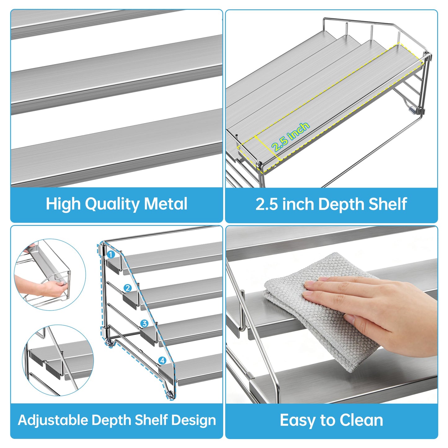 BOIVSHI Heavy Duty Spice Rack for Cabinet, Space Saving 4 Tier Spice Organization for Cabinet, Adjustable Depth Spice Shelf for Cabinet, Counter, Pantry - Chrome, 2 Pack