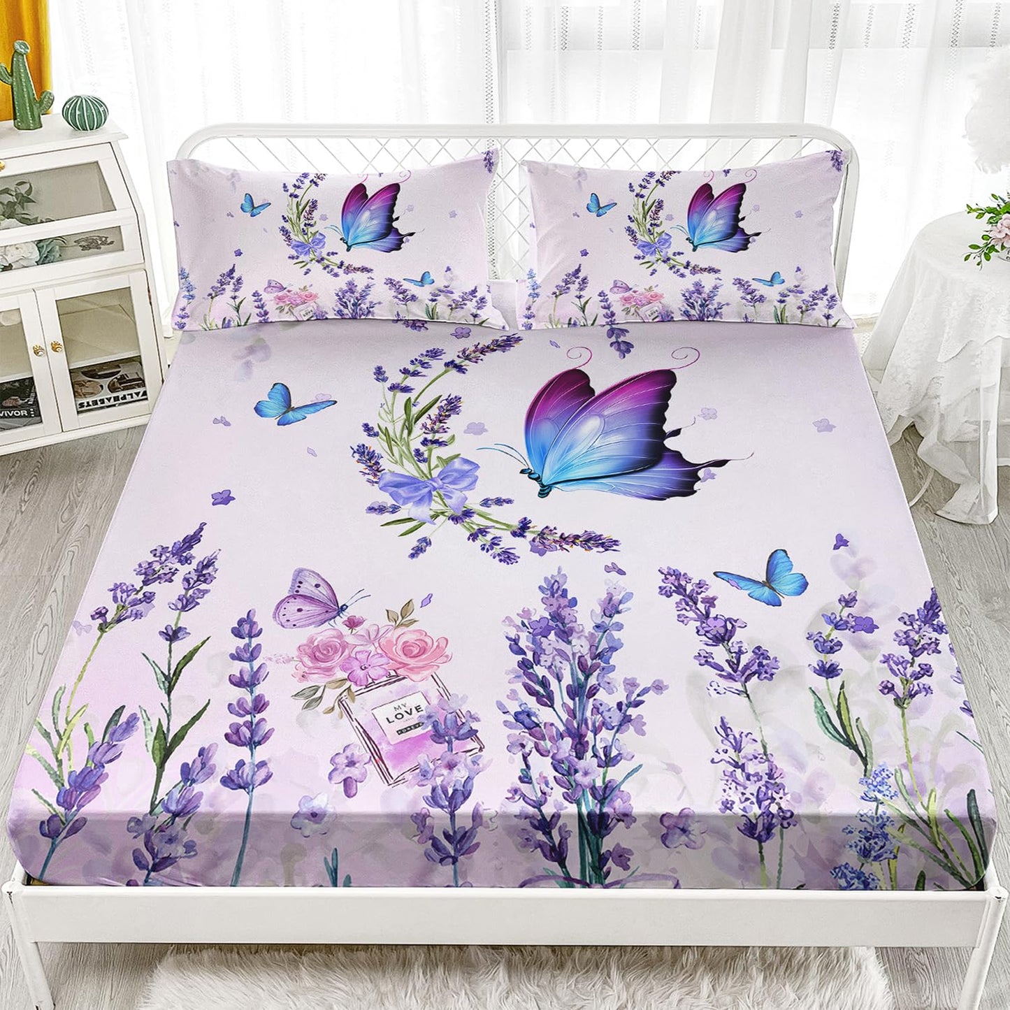 AILONEN Purple Butterfly Fitted Sheet Twin Size, Blossoming Lavender Floral Bedding Set- Flying Butterfly Bring Flowers Book Print Bed Sheet 3 Pieces Set, 1 Fitted Sheet and 2 Pillowcases