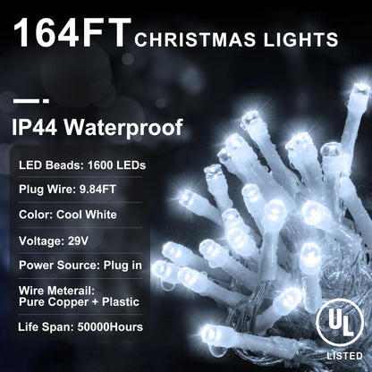 KNONEW 164FT 1600 LED Christmas Lights Outdoor Decoration White Timer 8Modes Hanging Fairy String Lights with 320 Drops, Plug in Waterproof Indoor Decor for Holiday Wedding Party Window Garden