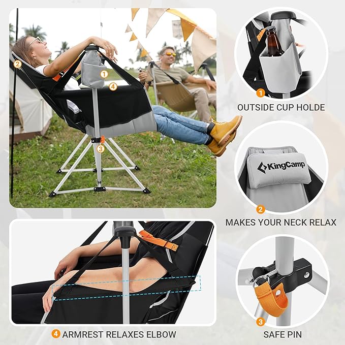 KingCamp Hammock Chair with Footrest – Heavy Duty Swinging Rocking Camping Chairs for Adults up to 400lbs, Folding Portable Oversized Rocker with Cup Holder & Pillow for Outdoor Beach Lawn RV Sports