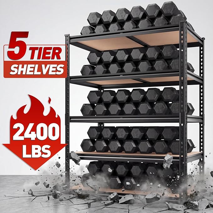 REIBII 2400LBS Storage Shelves 5 Tier Garage Shelving Heavy Duty, Adjustable Metal Shelving, Garage Shelves for Basement, Warehouse, Pantry, Closet, Kitchen 72" H x 35.55" W x 16" D, Black, 4 Pack