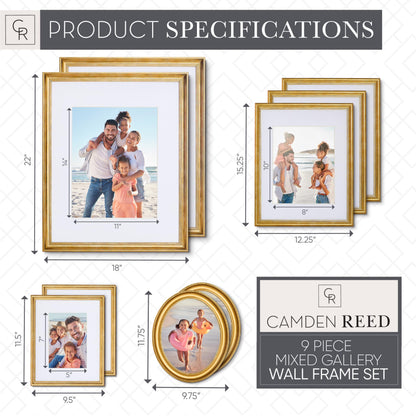 Camden Reed Mixed Gallery Wall Frame Set, (2) 16x20 Inch, (1) 11x14 Inch, and (2) 8x10 Inch, 9 Piece, Brass