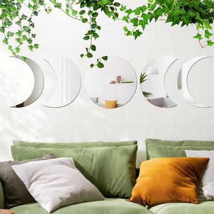 5pieces Moon Phase Mirror Set Wall Decor, Unbreakable Acrylic Self-Adhesive Bohemian Moon Mirror Wall Stickers, Scandinavian Style Aesthetic Home Decor for Bathroom Living Room Office Apartment Dorm