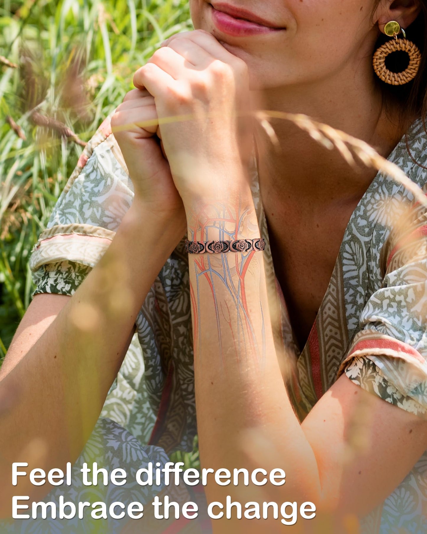 Feraco Pure Copper Bracelets for Women, Ultra Strength Magnetic Bracelet for Women with 3800 Gauss Magnet, Adjustable Flower Real Copper Jewelry Gift with Infinite Rose-Engraved (Copper)