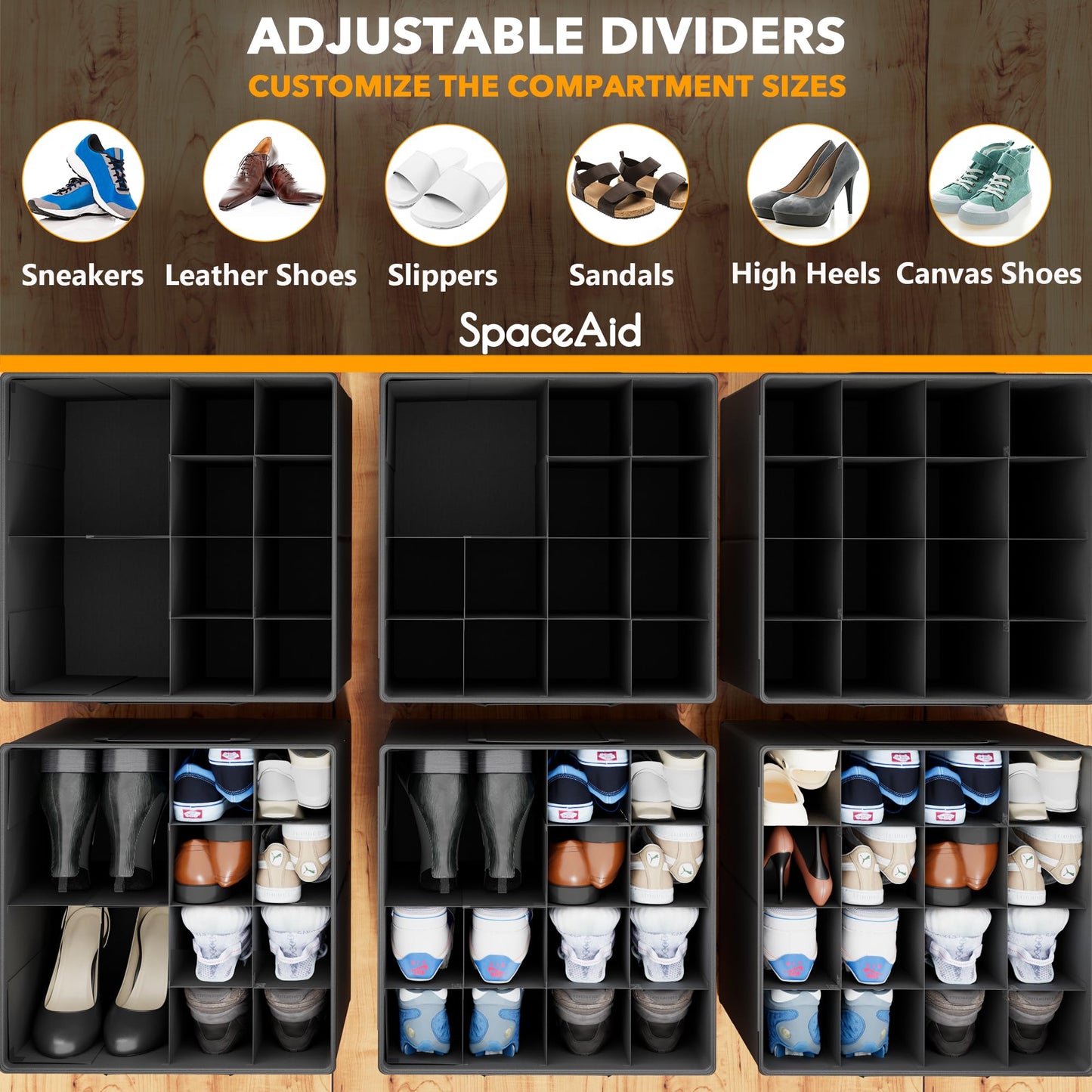 SpaceAid Shoe Organizer for Closet, 2 Pack Foldable Shoe Storage Containers Baskets Boxes Bins w/Adjustable Dividers, Fits 16-32 Pairs, Black