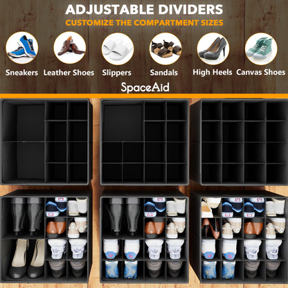 SpaceAid Shoe Organizer for Closet, 2 Pack Foldable Shoe Storage Containers Baskets Boxes Bins w/Adjustable Dividers, Fits 16-32 Pairs, Black