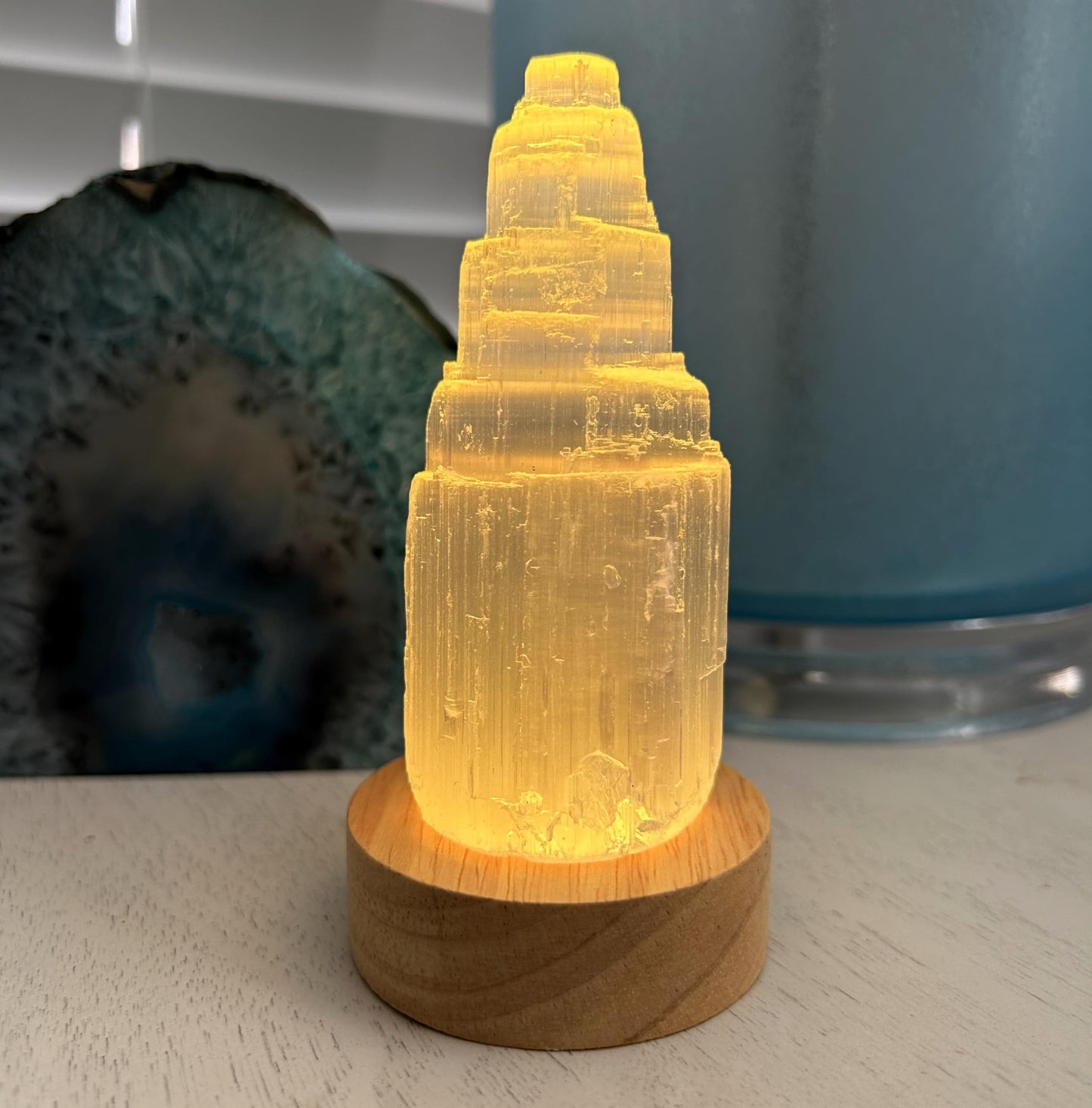 Small 4" Selenite Carved Moroccan Crystal Tower Skyscraper & USB Rainbow Multi-Color Changing LED Wooden Base Charge Crystals, Gems, Jewelry. Cleanse Unwanted Energy, Reiki Practitioner Energy Infused