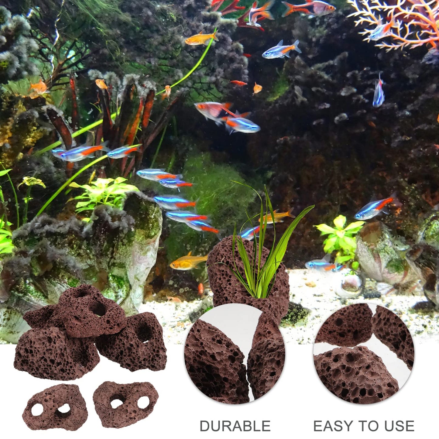 DOITOOL Lava Rock Aquarium 6pcs Volcanic Rocks Small Dark Brown Volcanic Pumice Stones, Aquarium Stones Aquascaping for Fish Tank Decoration, 3.93x2.75x1.57inch