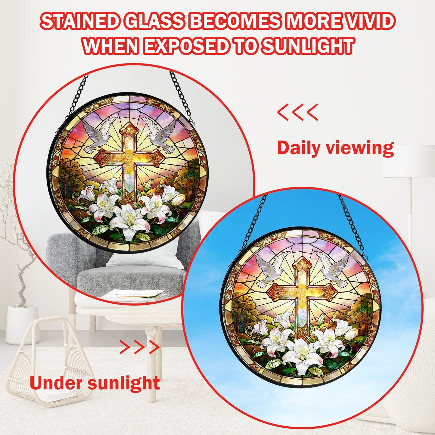 Cross Stained Glass Window Hanging, Flower Suncatcher Diamond Glass Panel Hangings, Sun Catchers Indoor Windows Wall Art Decor, Pastor Christian Gift, for Home Office 7.87 inches