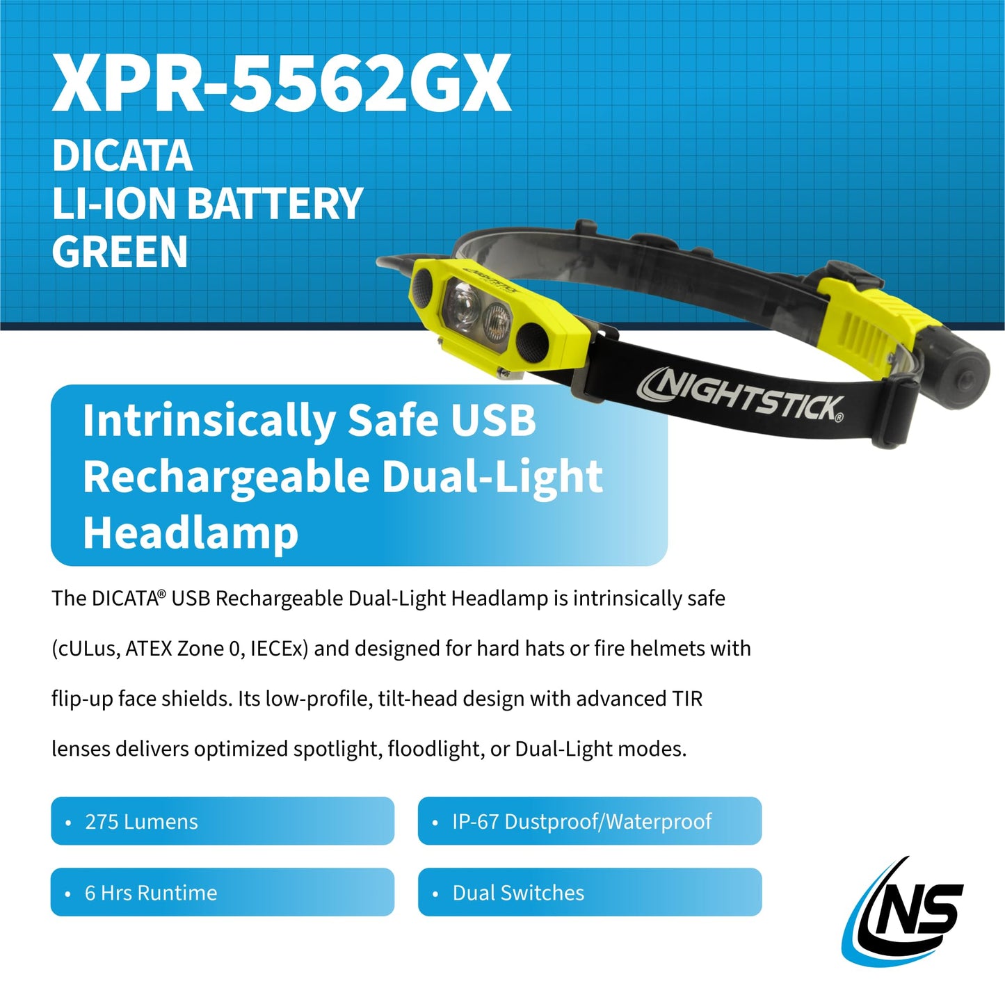 Nightstick XPR-5562GX DICATA Intrinsically Safe USB Low-Profile Dual-Light Headlamp