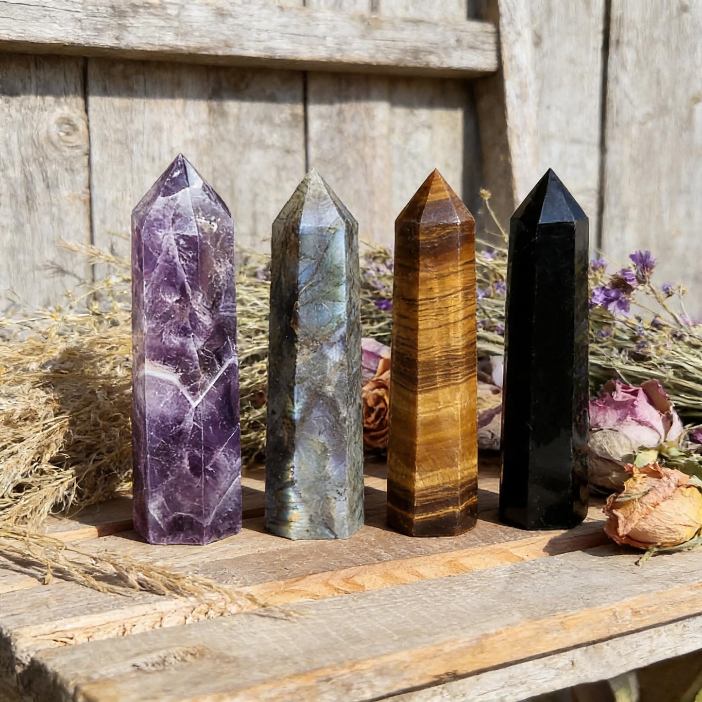 4Pcs 5.9 Inch Natural Crystal Obelisk Tower Set, Polished Hexagonal Point Wand, Obsidian Labradorite Amethyst Tiger's Eye Stone, Reiki Healing Crystal Obelisk Statue, Home Desktop Decor Spiritual Gift